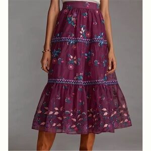 Anthropologie Let Me Be Embroidered Organza Midi Skirt Small